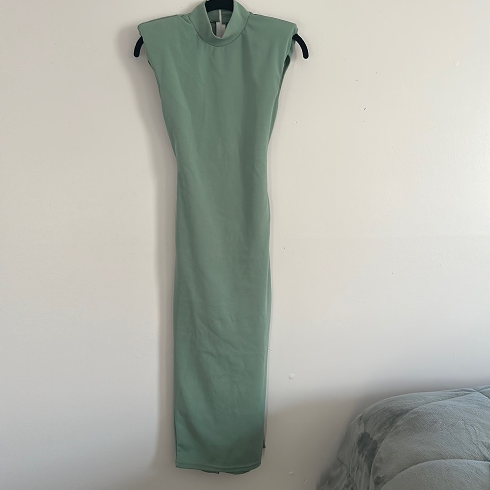 Sage green body con dress with shoulder pads